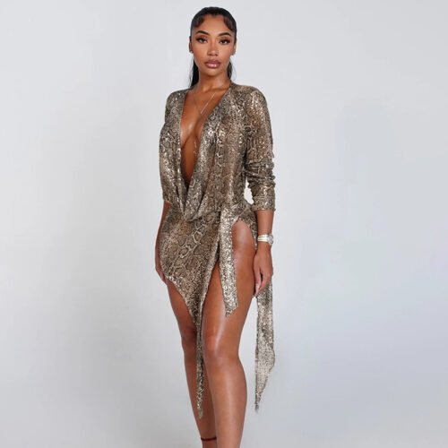 Python Print V‑Neck Mini Dress – Winter Ribbon Waist Style