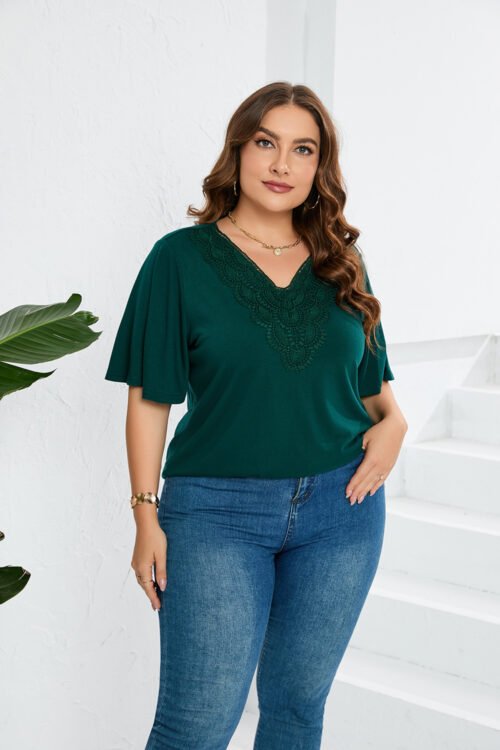 Plus Size Lace Patchwork Flared Sleeve T-Shirt for Women