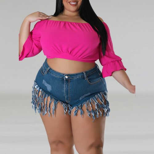 Plus Size Denim Tassel Shorts with Relaxed Fit