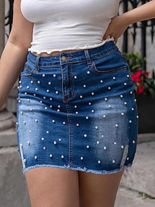 Plus Size Beaded Elastic Waist Raw-Edge Denim Skirt