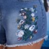 Plus Size High-Waist Floral Embroidered Denim Shorts
