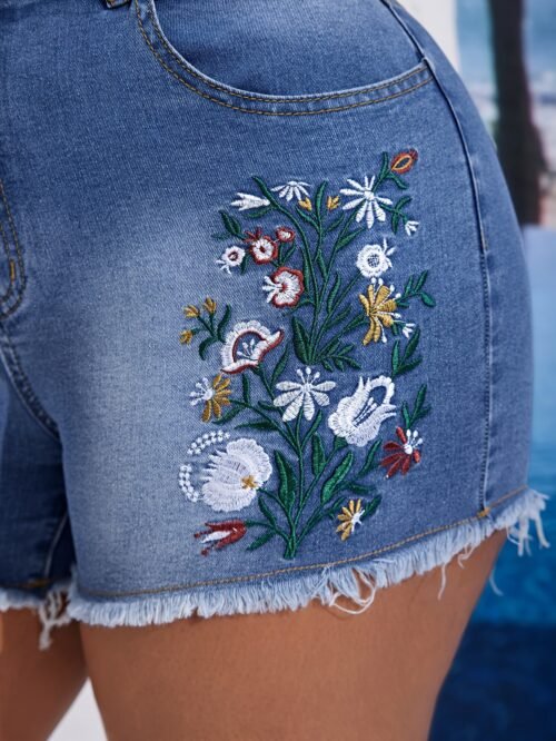 Plus Size High-Waist Floral Embroidered Denim Shorts