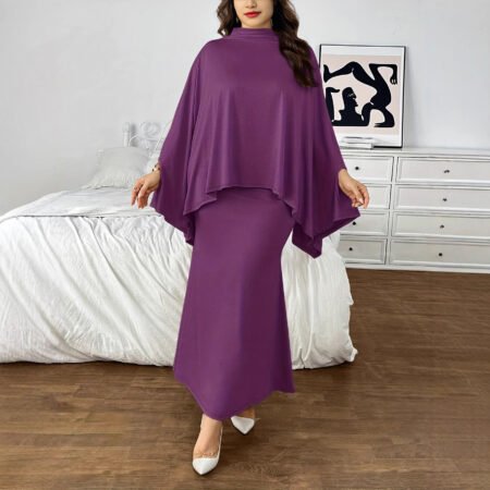 Plus Size Batwing Sleeve Half-Zip Elegant Dress Set