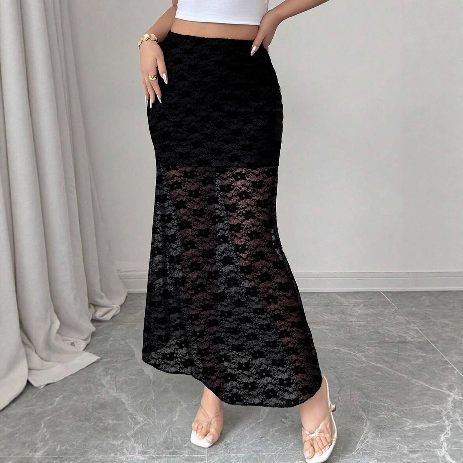 Sexy Plus Size Slim Fit Lace See-Through Skirt