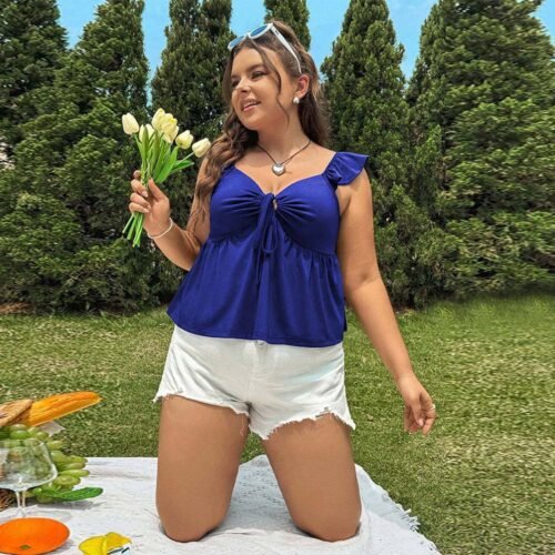 Plus Size V-Neck Sleeveless Slim Summer Blouse – Casual Solid Color Comfort Fit