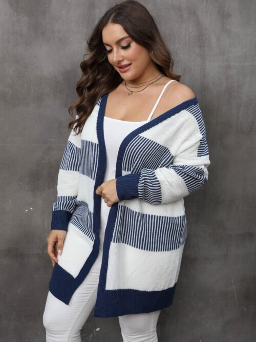Plus Size Colorblock Striped Knit Cardigan for Fall & Winter