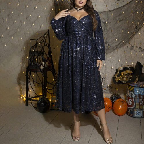 Plus Size Sexy Sequin Long Sleeve Halloween Party Dress
