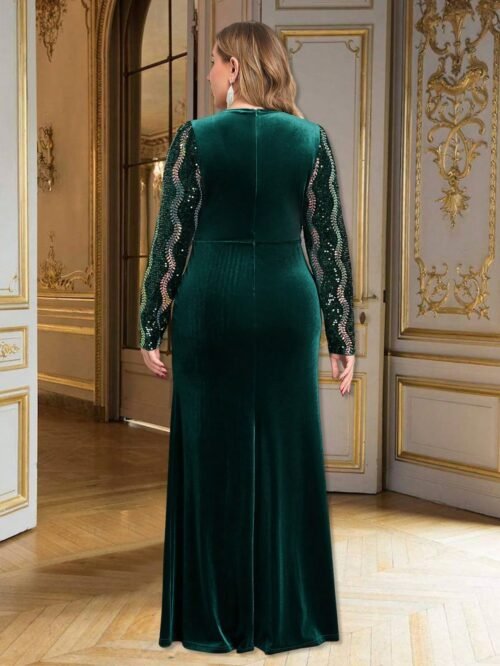 Plus Size V-Neck Velvet Sequin Prom Evening Dress