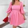 plus size French dress, puff sleeve mini dress, square collar dress