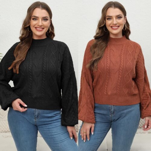 Cropped Half Turtleneck Lantern Sleeve Knit Sweater