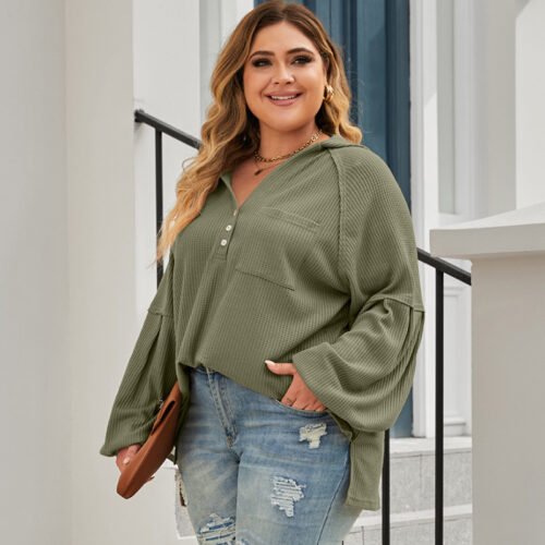 Plus Size Waffle Knit Hooded Sweater – Autumn Casual Pullover