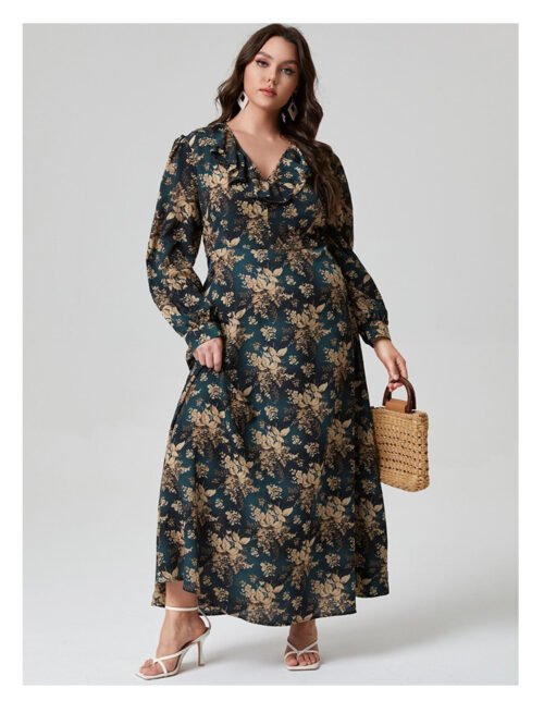 Plus Size Autumn Digital Print Woven Dress