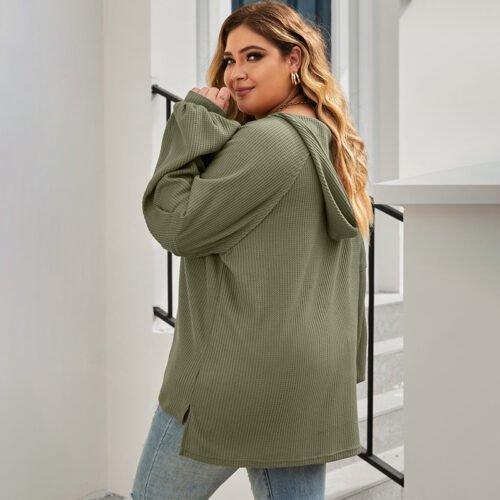 Plus Size Waffle Knit Hooded Sweater – Autumn Casual Pullover