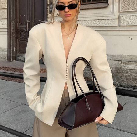 Beige V‑Neck Waist‑Cinched Blazer – Autumn Casual Chic