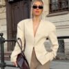 Beige V‑Neck Waist‑Cinched Blazer – Autumn Casual Chic