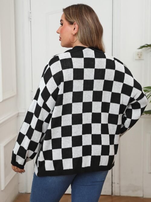 Plus Size Colorblock Patchwork Plaid Loose Knit Cardigan