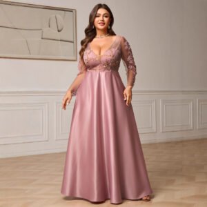 Plus Size Floral Satin Net Yarn Evening Dress for Women