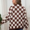 Turn heads with bold patterns! This patchwork chessboard plaid cardigan offers cozy comfort with a playful, fashion-forward twist.