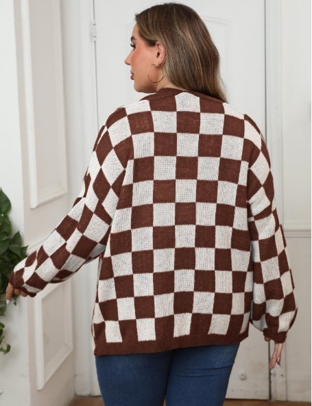 Turn heads with bold patterns! This patchwork chessboard plaid cardigan offers cozy comfort with a playful, fashion-forward twist.