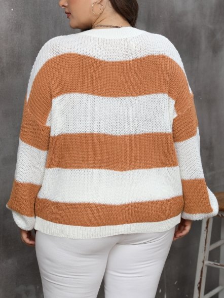 Plus Size Women Clothes Contrast Color Striped Pullover