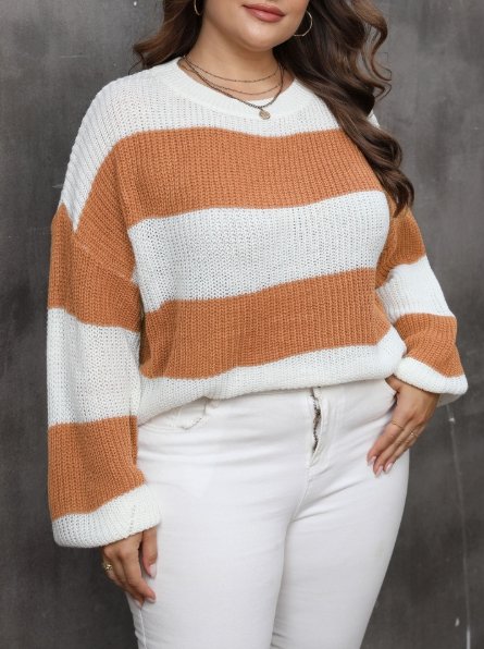 Plus Size Women Clothes Contrast Color Striped Pullover