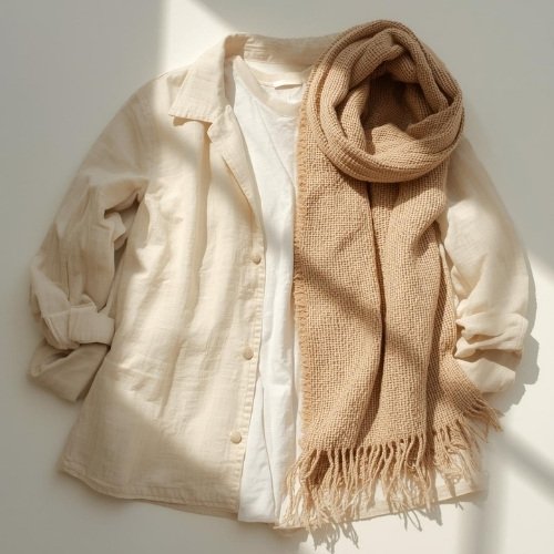 Spring layering essentials laid flat in neutral tones