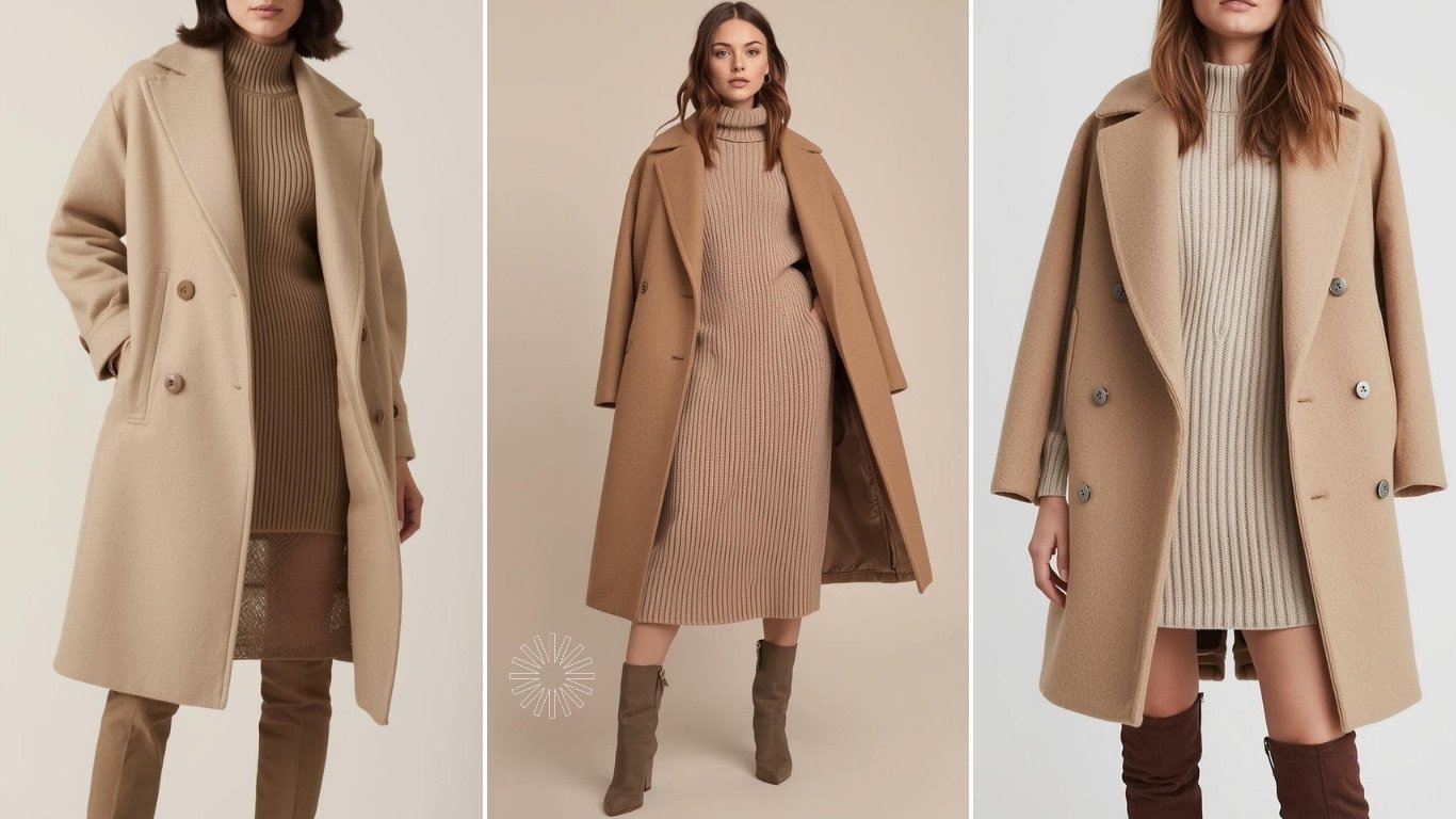 Woman wearing a long wool coat layered over a knit dress, standing in soft winter light.