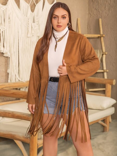 Plus Size Tassel Decorative Long Sleeve Coat