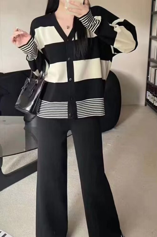 sweater two piece set, Contrast V-Neck Knit Cardigan & Wide Leg Pants Sweater Set