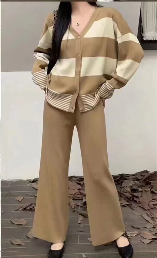 Contrast V-Neck Knit Cardigan & Wide Leg Pants Sweater Set