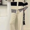 Contrast V-Neck Knit Cardigan & Wide Leg Pants Sweater Set