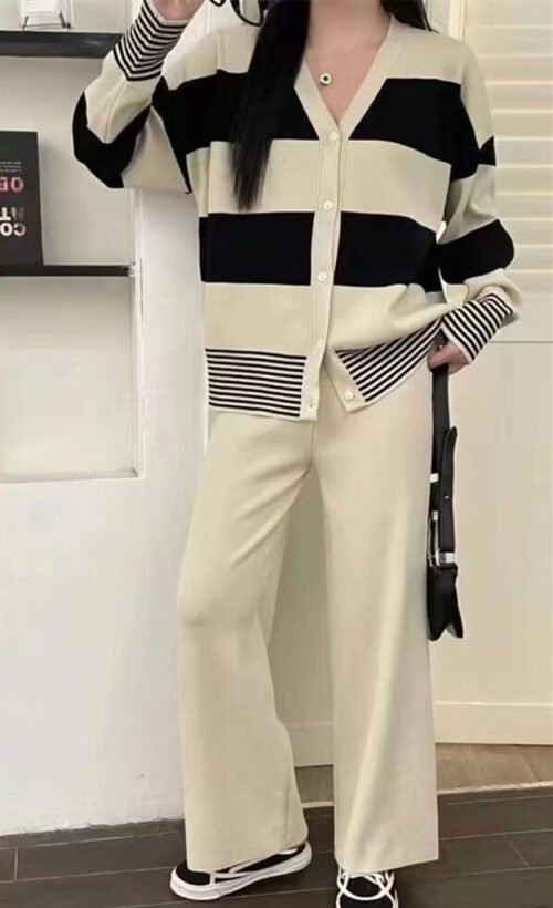 Contrast V-Neck Knit Cardigan & Wide Leg Pants Sweater Set