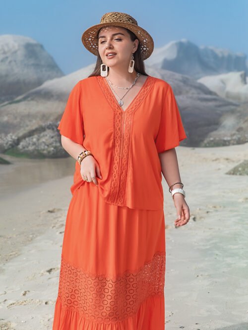 Plus Size Boho Lace V-Neck Top & Maxi Skirt Set