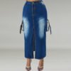Plus Size Trendy Denim Split Long Skirt with Bag Pockets