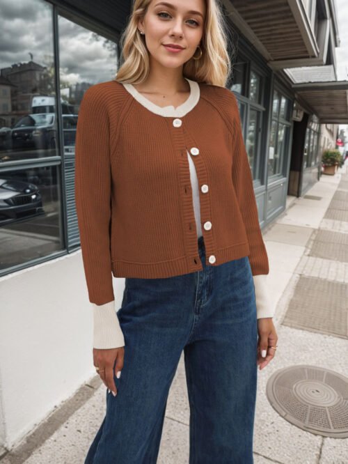 Contrast Color Buttoned Knitted Cardigan Coat