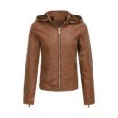 Plus Size Fleece-Lined Faux Leather Hooded Slim Jacket