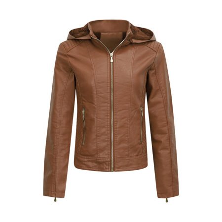 Plus Size Fleece-Lined Faux Leather Hooded Slim Jacket