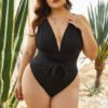 Plus Size Black Deep V Plunge One-Piece Swimsuit