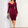 Wine Red Velvet One-Shoulder Dinner Dress