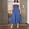 Elegant Office Denim Contrast Stitching A-Line Overall Waist Dress