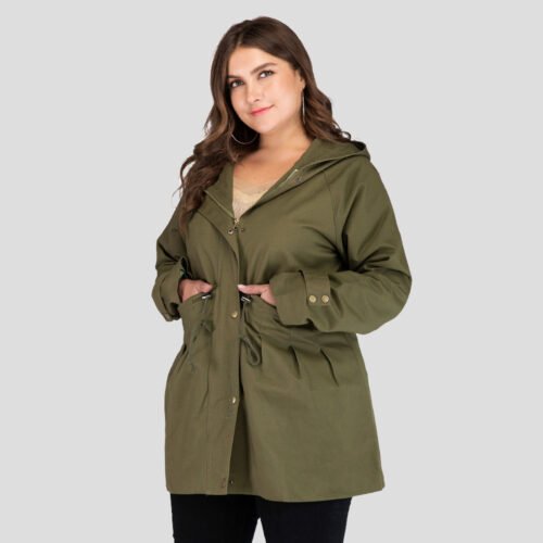 Plus Size Army Green Mid-Length Slimming Anorak Coat