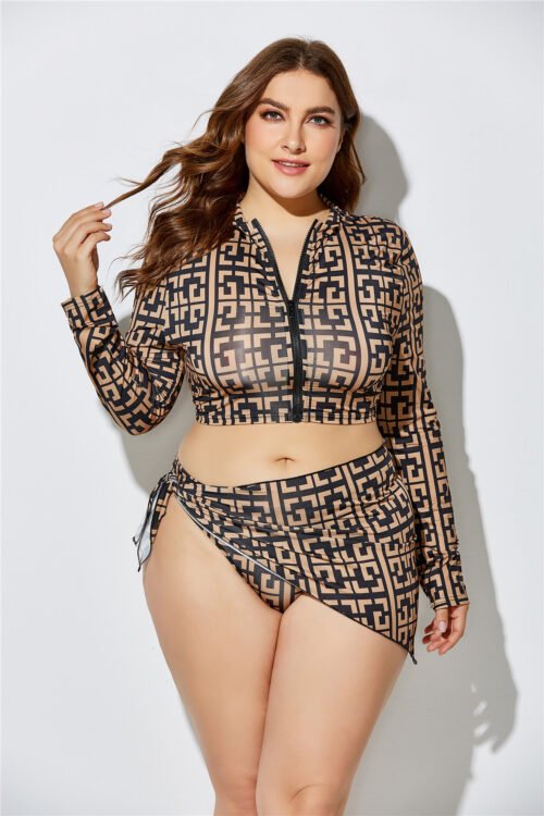 Plus Size Sexy Printed Three-Piece Bikini Set with Headband