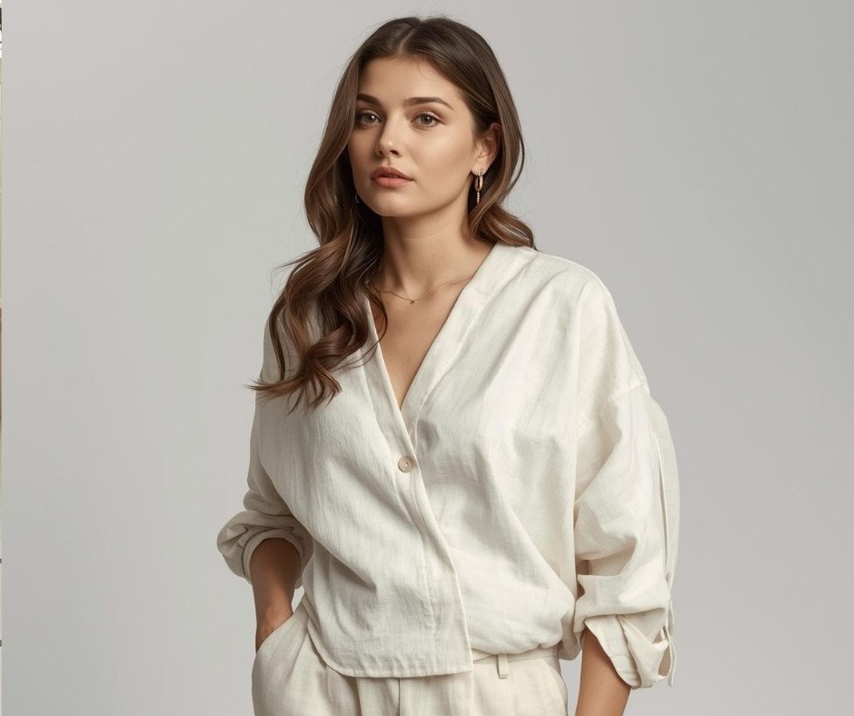 Detail-focused editorial image emphasizing thoughtful tailoring and flattering proportions in ALiAZON’s design philosophy.