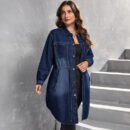Plus Size Tight Waist Denim Shirt Coat – Fall & Winter