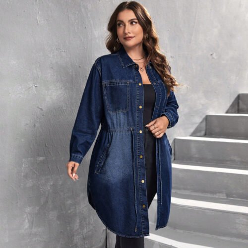 Plus Size Tight Waist Denim Shirt Coat – Fall & Winter