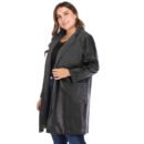 Plus Size Black Faux Leather Slim Fit Coat with Stand-Up Collar