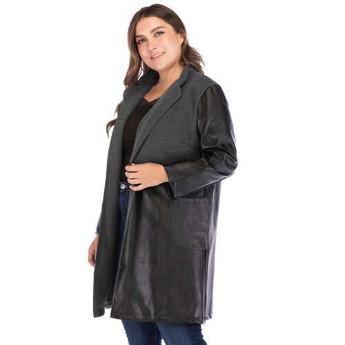 Plus Size Black Faux Leather Slim Fit Coat with Stand-Up Collar