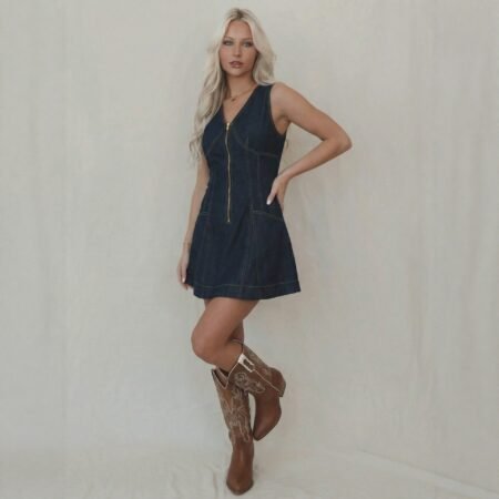 Women’s Summer Sleeveless V-Neck Waist-Control Denim Dress