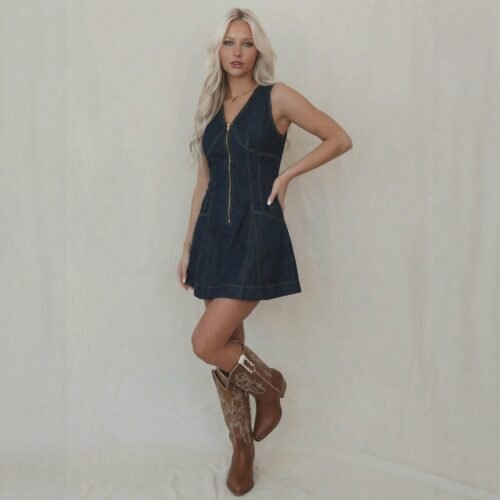 Women’s Summer Sleeveless V-Neck Waist-Control Denim Dress