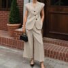 Retro Elegant Khaki V Neck Two Piece Vest & Trousers Set